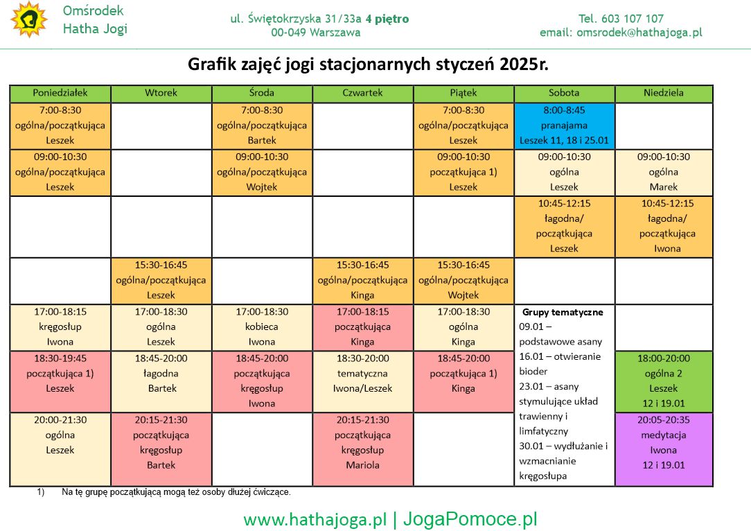 grafik jogi  stacjonarne styczen 2025 Serwis hathajoga.pl - Ośrodek Hatha Jogi