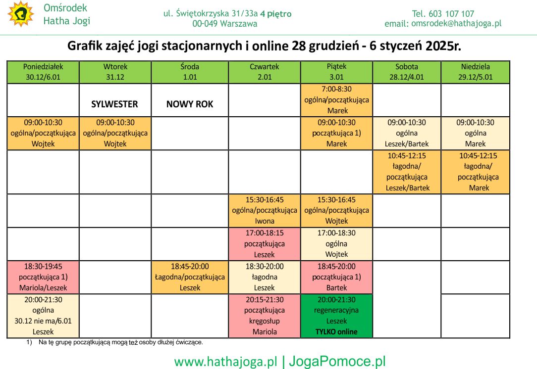 grafik jogi stacjonarne 29 grudzień 6 styczeń 2025