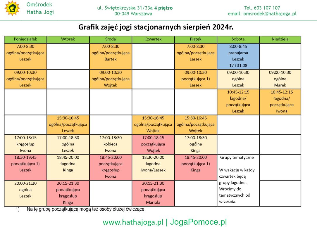 grafik_jogi_stacjonarne_sierpien_2024 Szkoła Jogi, Warsztaty - Joga dla Początkujących - Warszawa - Omśrodek Hatha Jogi