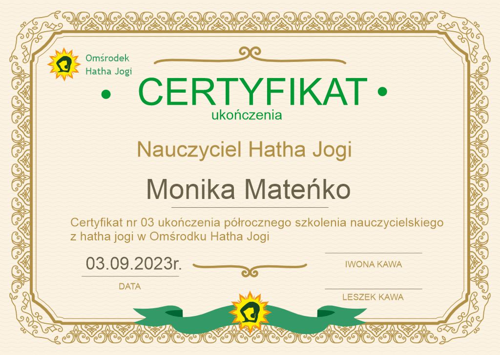 certyfikat złoty Monika Mateńko